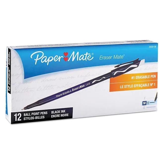 Paper Mate - Eraser Mate Ballpoint Stick Erasable Pen, Black Ink, Medium - Dozen 2