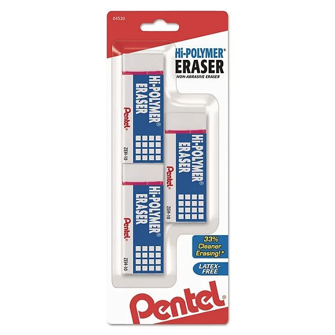 Pentel Hi-Polymer Eraser, For Pencil Marks, Rectangular Block, Medium, White, 3/Pack 2