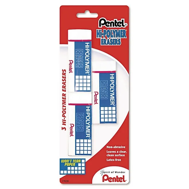 Pentel Hi-Polymer Eraser, For Pencil Marks, Rectangular Block, Medium, White, 3/Pack 3