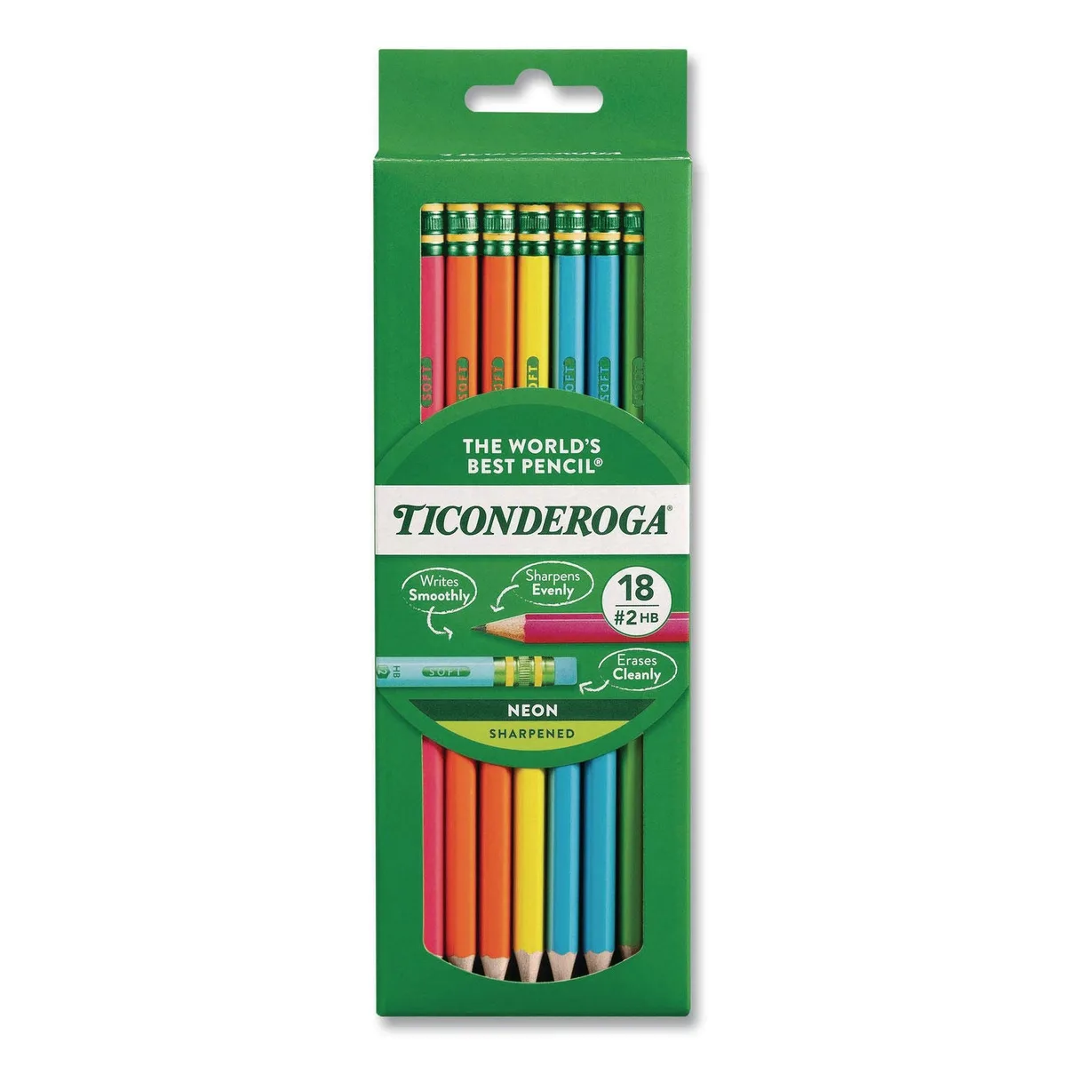 Ticonderoga Pre-Sharpened Pencil, 2.2 mm, HB (2), Black Lead, Neon Assorted Barrel Colors, 18/Pack