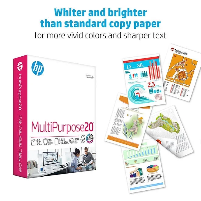 HP Multipurpose Copy Paper, 8.5 x 11”, 96 Bright, 20 lbs., 5 Reams (2,500 sheets) 4