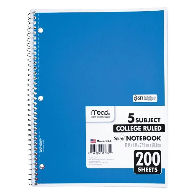 Mead 5 Subject Notebook, College Rule, 8-1/2 x 11, White, 200 Sheets per Pad 3