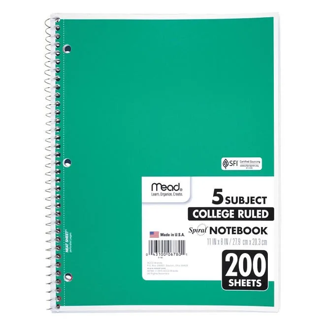 Mead 5 Subject Notebook, College Rule, 8-1/2 x 11, White, 200 Sheets per Pad 4