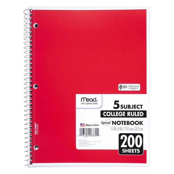 Mead 5 Subject Notebook, College Rule, 8-1/2 x 11, White, 200 Sheets per Pad 5