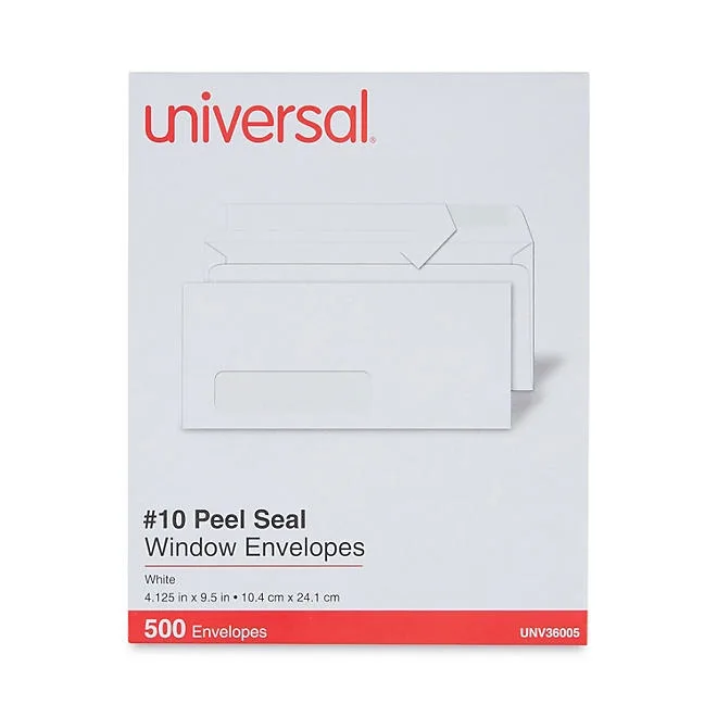 Universal® Peel Seal Strip Business Envelope, 10, 4 1/8" x 9 1/2", Window, White, 500/Box 5