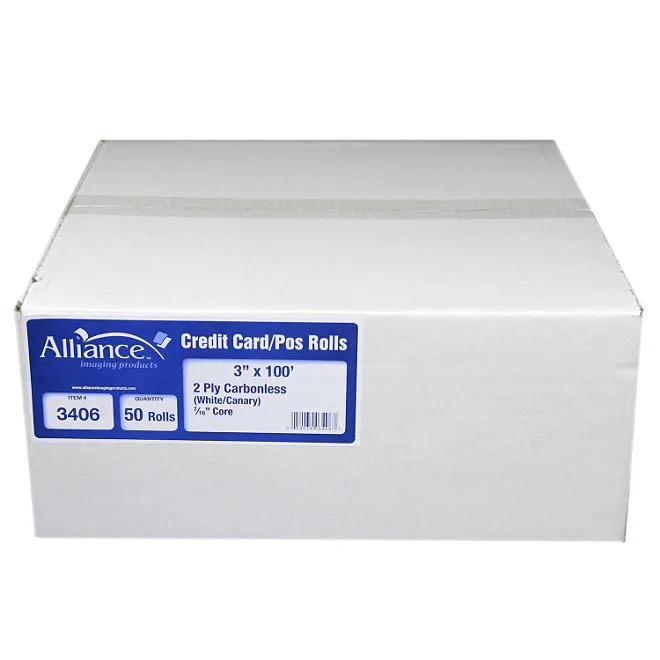 Alliance 2-Ply Carbonless Receipt Rolls, 3"x100', White/Canary, 50 Rolls 2