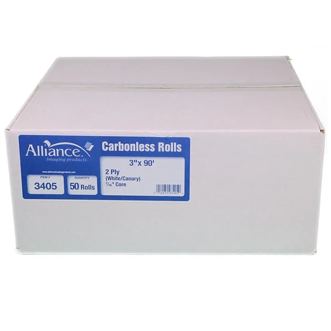 Alliance 2-Ply Carbonless Receipt Rolls, 3"x90', White/Canary, 50 Rolls 2
