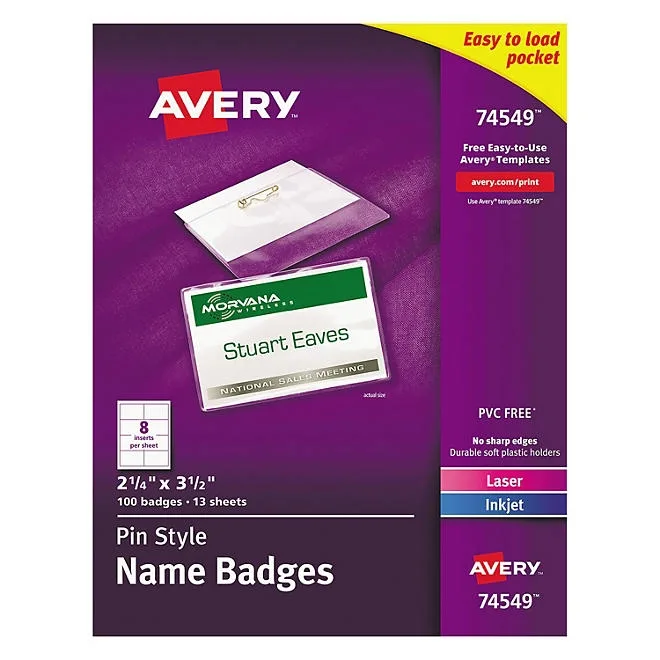 Avery Pin-Style Badge Holder with Laser/Inkjet Insert, Top Load, 3.5 x 2.25, White, 100/Box 2