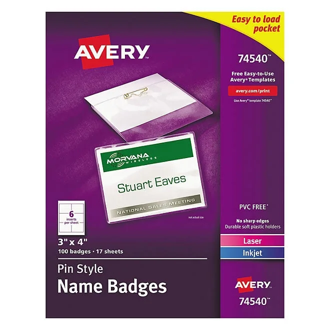 Avery Pin-Style Badge Holder with Laser/Inkjet Insert, Top Load, 4 x 3, White, 100/Box 2