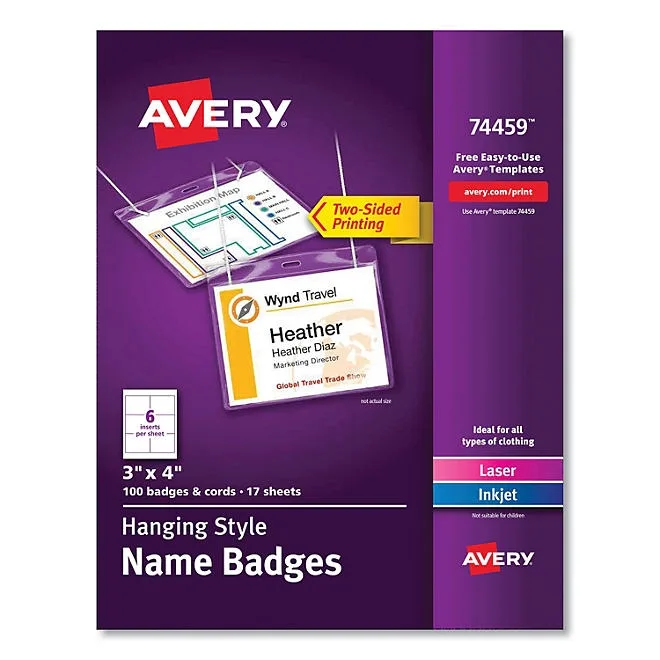 Avery Necklace-Style Badge Holder w/Laser/Inkjet Insert, Top Load, 4 x 3, WE, 100/Box 2