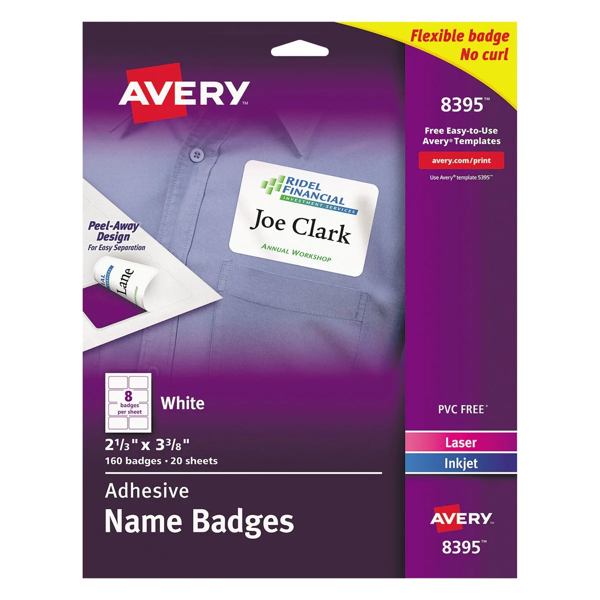Avery Flexible Adhesive Name Badge Labels, 3.38 x 2.33, White, 160/Pack