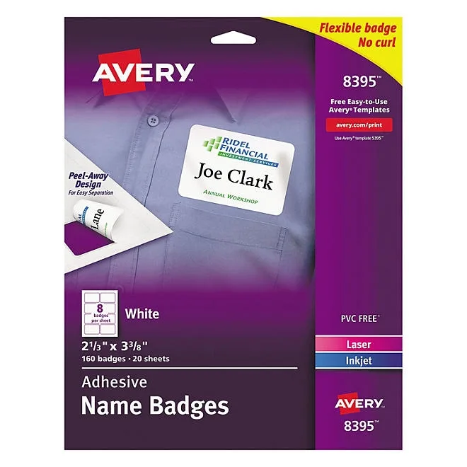 Avery Flexible Adhesive Name Badge Labels, 3.38 x 2.33, White, 160/Pack 2