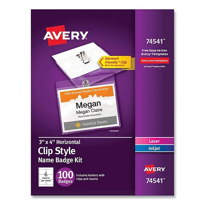 Avery Clip-Style Name Badge Holder with Laser/Inkjet Insert, Top Load, 4 x 3, White, 100/Box 2