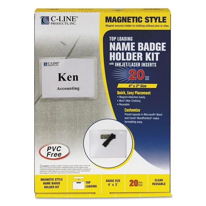 C-Line Magnetic Name Badge Holder Kit, Horizontal, 4" x 3", Clear 20 per box 2
