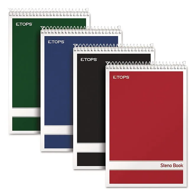 TOPS - Steno Book with Assorted Colored Cover, 6 x 9, White Paper - 4 80-Sheet Pads/Pack 2