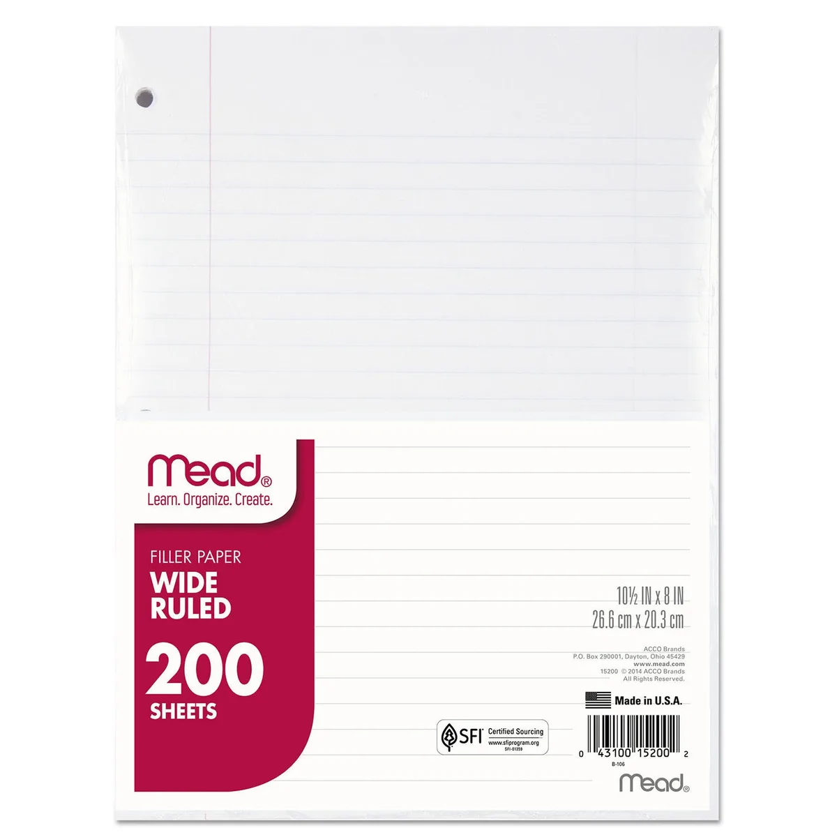 Mead - Filler Paper, 16-lbs., Wide Ruled, 3-hole punched - 10-1/2 x 8 - 200 Sheets