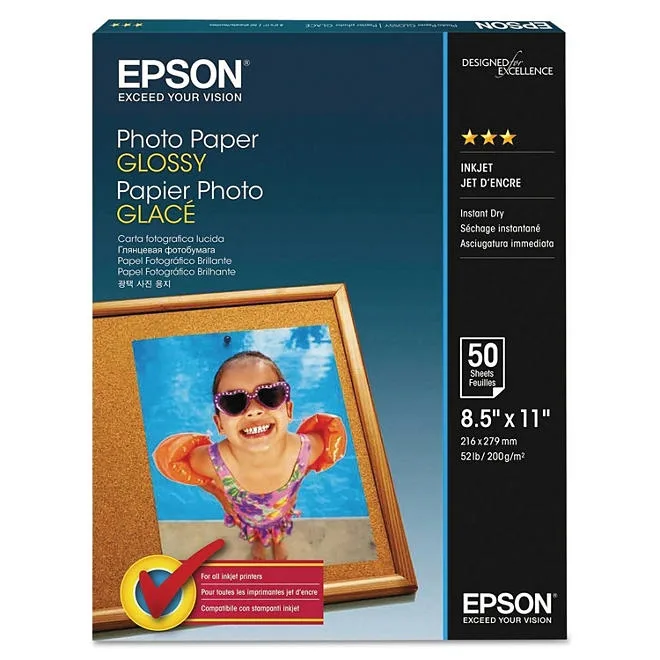 Epson Glossy Photo Paper, 52 lb., Glossy, 8.5" x 11", 100 Sheets/Pack 2