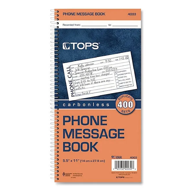 TOPS - Spiralbound Message Book, 2-3/4 x 5, Two-Part Carbonless, 400 per Book 2