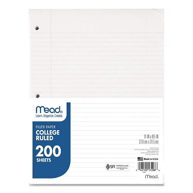Mead Filler Paper, 3-Hole, 8.5 x 11, College Rule, 200/Pack 2