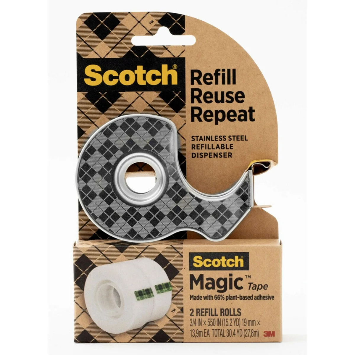 Scotch Stainless Steel Refillable Dispenser and Scotch Magic Tape with 66% Plant Based Adhesive, 0.75" x 550"