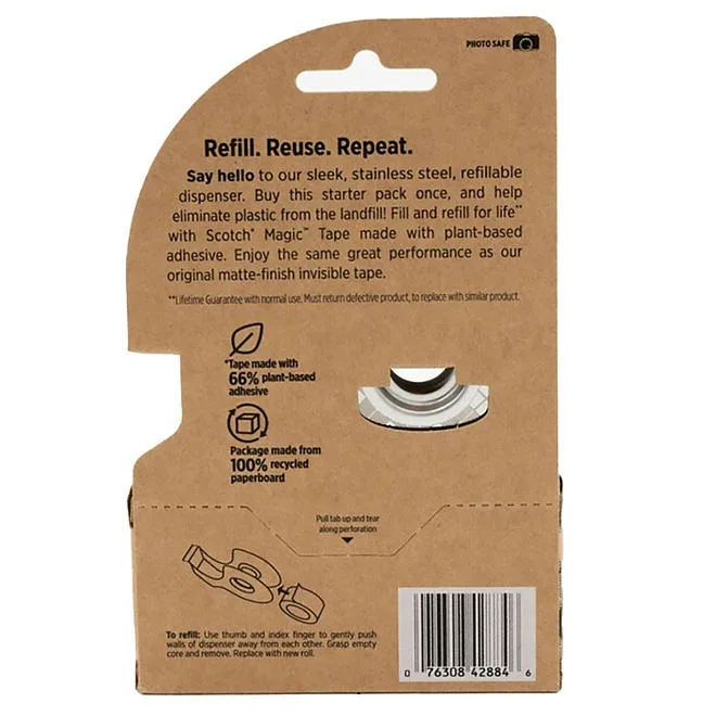Scotch Stainless Steel Refillable Dispenser and Scotch Magic Tape with 66% Plant Based Adhesive, 0.75" x 550" 3