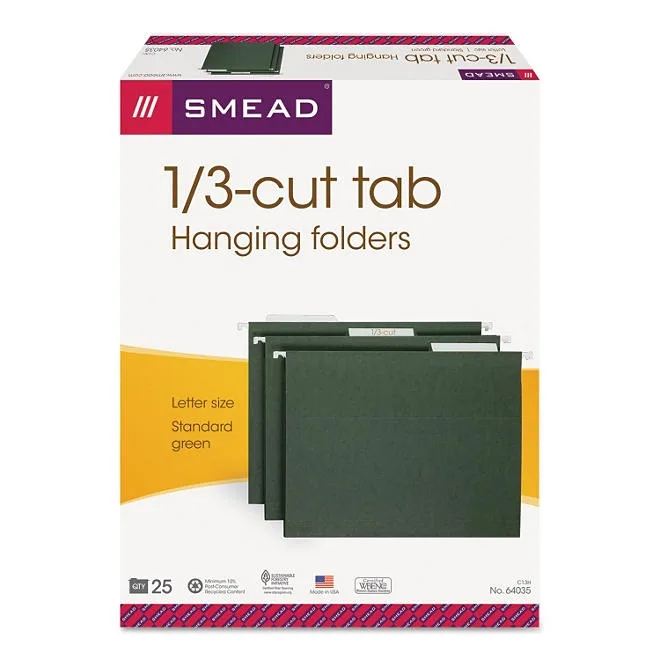 Smead 1/3 Cut Adjustable Positions Hanging File Folders, Green Letter, 25ct. 4