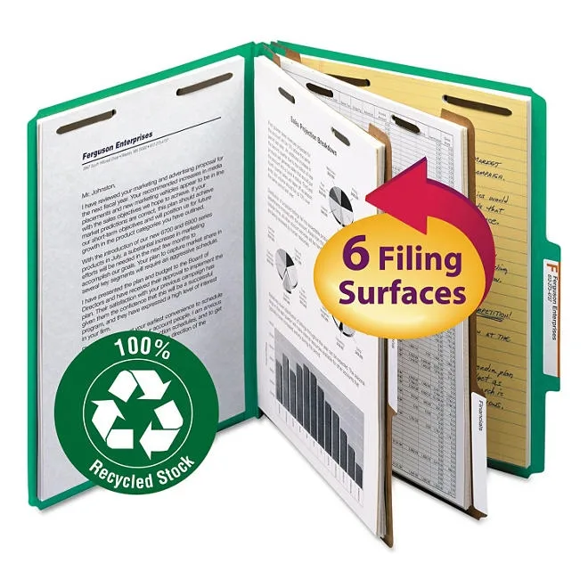 Smead 2" Expansion Pressboard Classification Folder, Two Dividers, Letter, Green, 10ct. 2