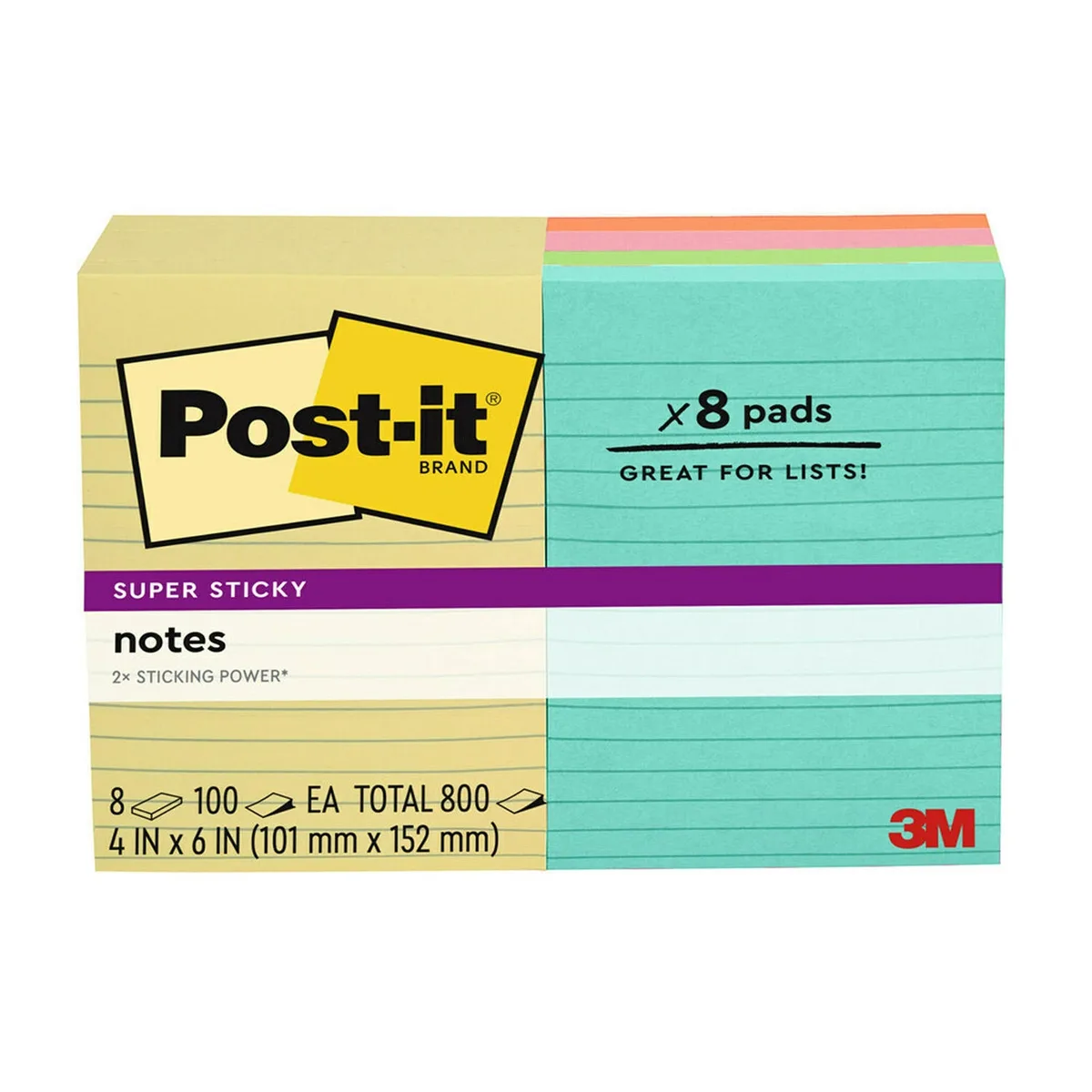 Post-it Super Sticky Notes, 4" x 6", Assorted Colors, Lined, 8 Pack, 800 Total Sheets