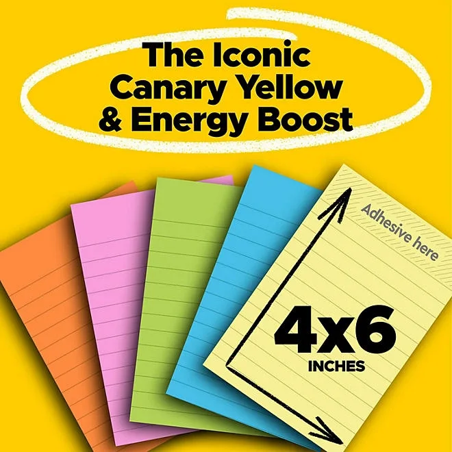 Post-it Super Sticky Notes, 4" x 6", Assorted Colors, Lined, 8 Pack, 800 Total Sheets 3