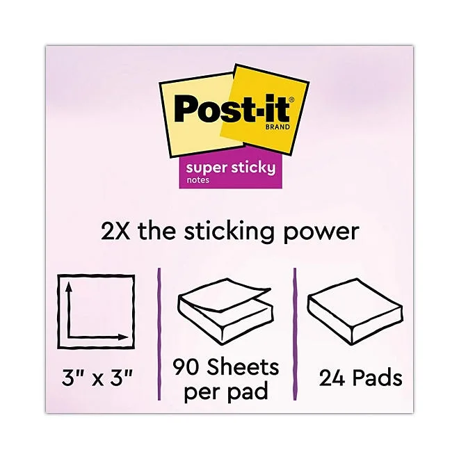 Post-it Notes Super Sticky Pads, 3" x 3", Canary Yellow, 24 Pads, 2,160 Total Sheets 3