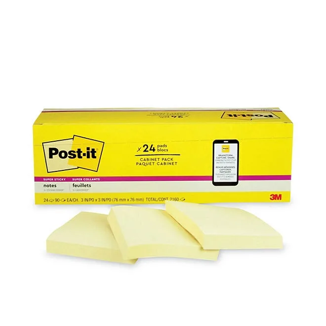 Post-it Notes Super Sticky Pads, 3" x 3", Canary Yellow, 24 Pads, 2,160 Total Sheets 2