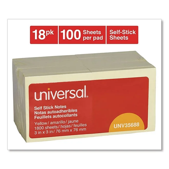 Universal Self-Stick Note Pads, 3 x 3, Yellow, 100-Sheet, 18/Pack 3