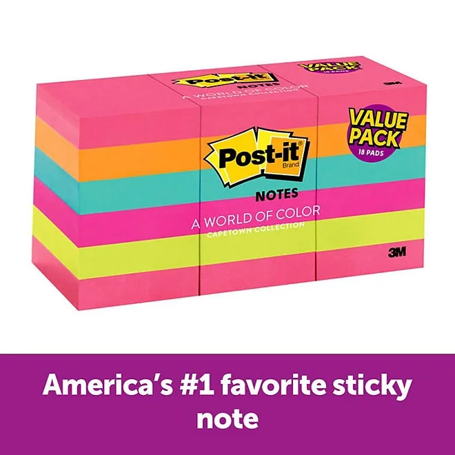 Post-it Notes, 1 3/8" x 1 7/8", Cape Town Collection, 18 Pads, 1,800 Total Sheets 2