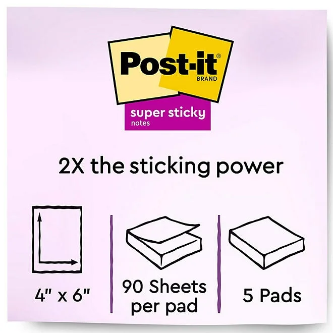 Post-it Notes Super Sticky - Canary Yellow Note Pads, 4 x 6, Lined, 90/Pad - 5 Pads/Pack 3
