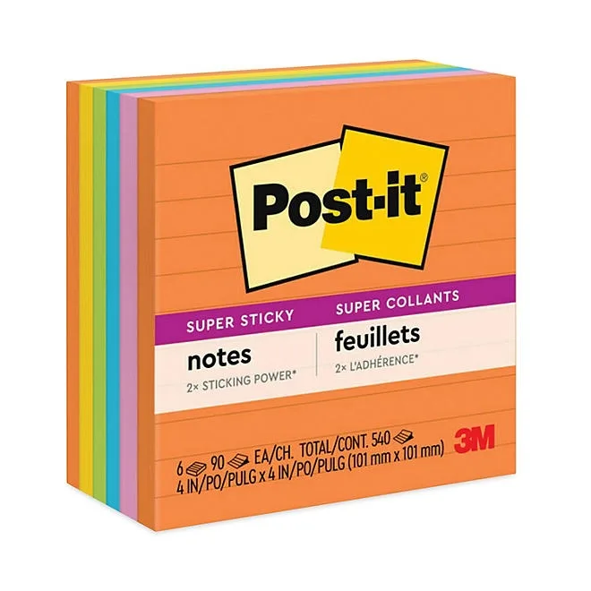 Post-it Super Sticky Notes, 4 x 4, Lined, 90 Sheet Pads, 6 Pads, Jewel Pop Collection 2
