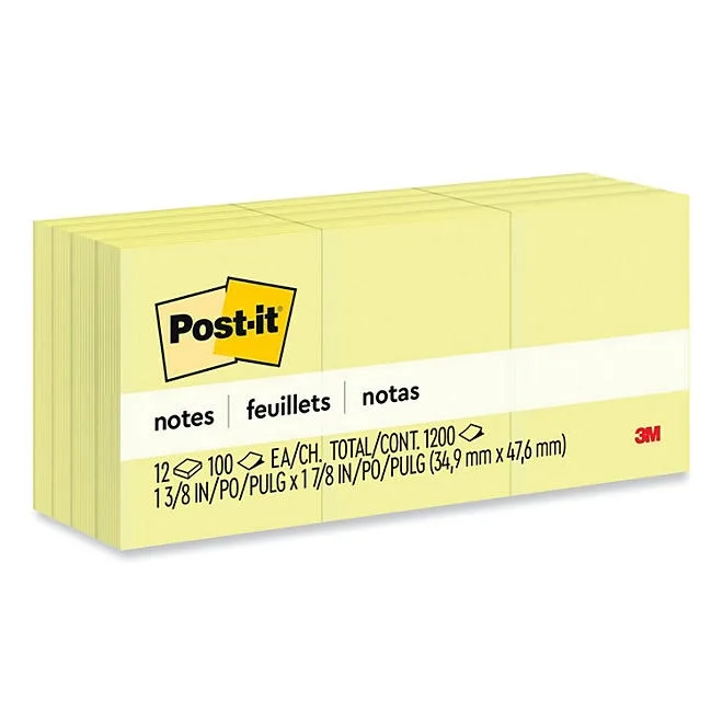 Post-it Notes Original Notes, 1-1/2 x 2, 100 Sheet Pads, 12 Pads, 1,200 Total Sheets, Canary Yellow 2