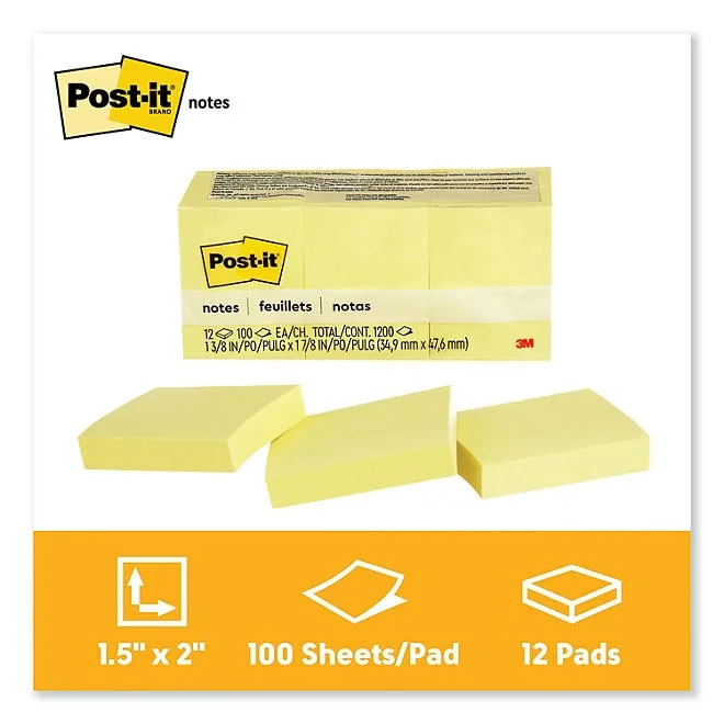 Post-it Notes Original Notes, 1-1/2 x 2, 100 Sheet Pads, 12 Pads, 1,200 Total Sheets, Canary Yellow 3