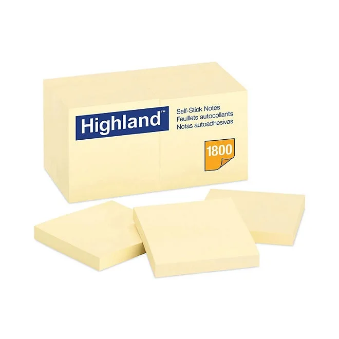 Highland - Self-Stick Notes, 3 x 3, Yellow - 18 100-Sheet Pads/Pack 2