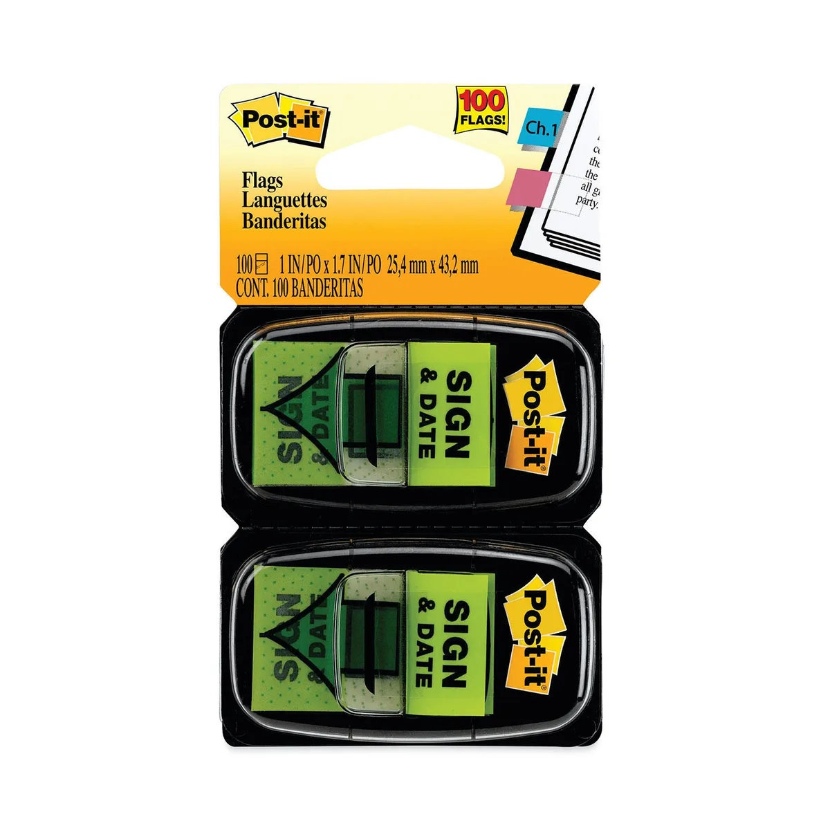 Post-it - Arrow Message 1" Flags - "Sign and Date" - Green - 2 50-Flag Dispensers/Pack