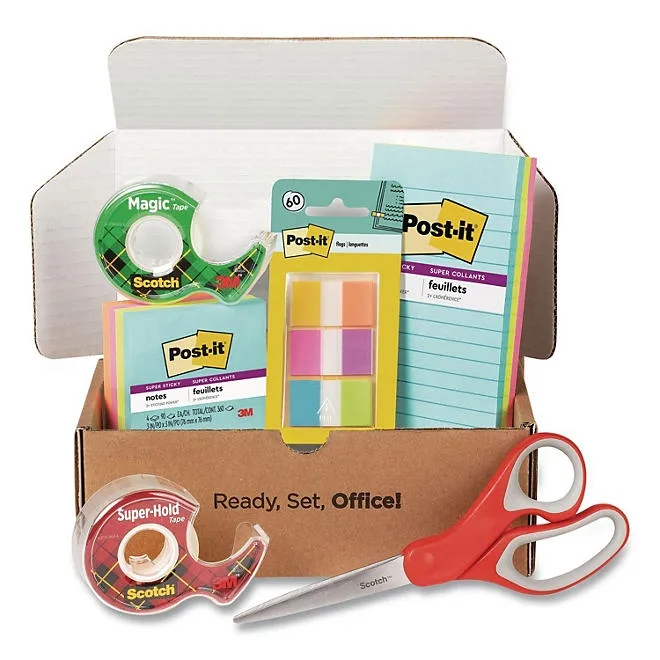 Office Essentials Kit, 7 Pads Assorted Super Sticky Notes, 1 Pack Flags, Roll Magic Tape, Roll Super-Hold Tape, 1 Scissors 2