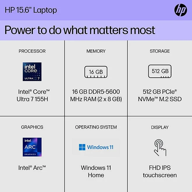 HP 15.6" FHD Touchscreen Laptop | Intel Core Ultra 7 | 16GB RAM | 512GB SSD | Windows 11 | 2-Yr HP Care Pack Warranty w/Accidental Damage Protection 3