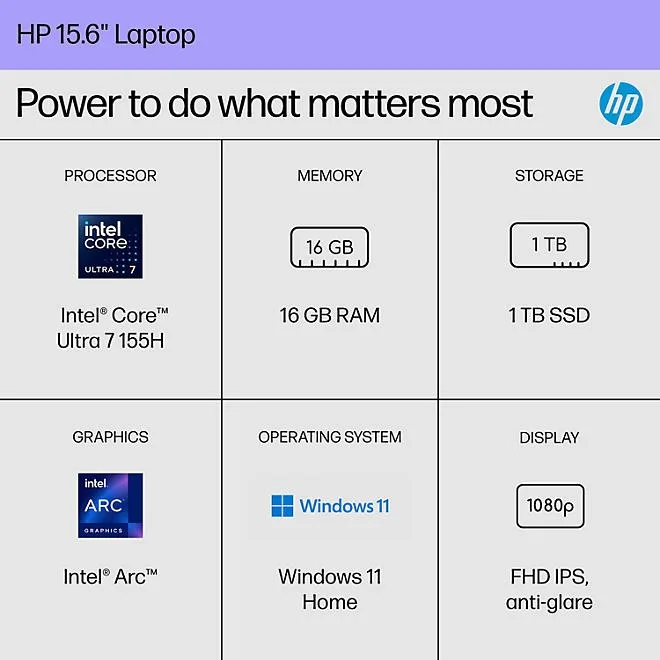 HP 15.6" FHD Windows Laptop | Intel Core Ultra 7 | 16GB RAM | 1TB SSD | 2-Year HP Care Pack Warranty w/ Accidental Damage Protection 4