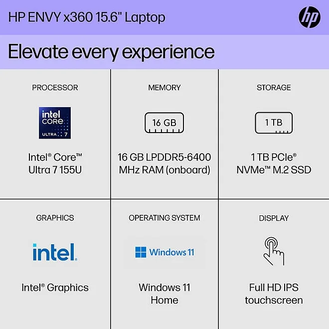 HP ENVY X360 15.6" FHD Convertible Touchscreen Windows Laptop | 16GB RAM | 1TB SSD | 2-Yr Warranty + 2-Yr Accidental Damage Protection 3
