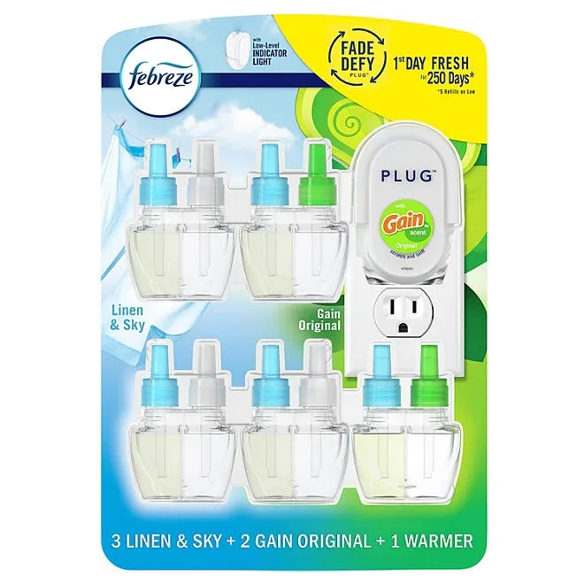 Febreze Fade Defy PLUG Air Freshener, Linen & Sky + Gain Original 1 Warmer + 5 Refills 2