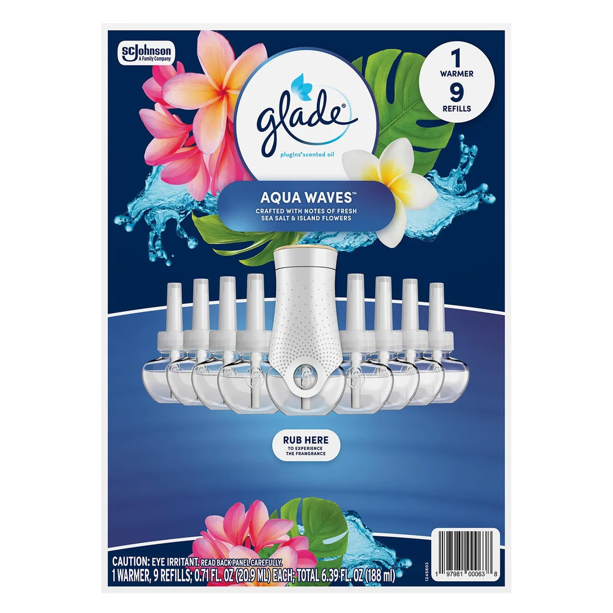 Glade PlugIns Scented Oil, Aqua Waves, 1 warmer + 9 refills