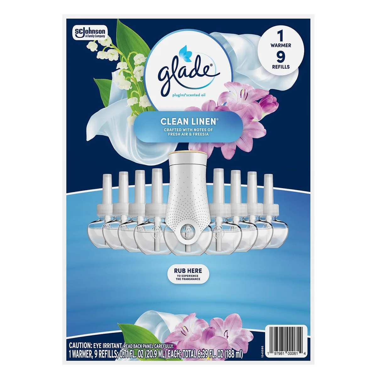 Glade PlugIns Scented Oil, Clean Linen, 1 warmer + 9 refills