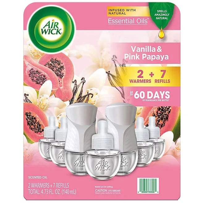 Air Wick Scented Oil Air Freshener Kit, Vanilla & Pink Papaya 2 Warmers +7 Refills 2