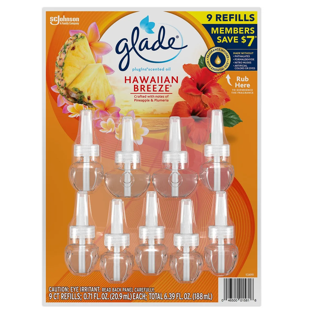 Glade PlugIns Scented Oil Refills, Hawaiian Breeze, 9 refills