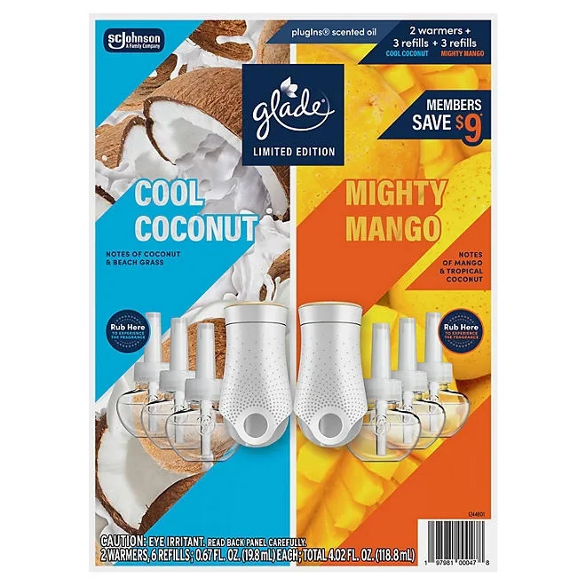 Glade PlugIns Scented Oil, Cool Coconut & Mighty Mango, 2 Warmers + 6 Refills 2