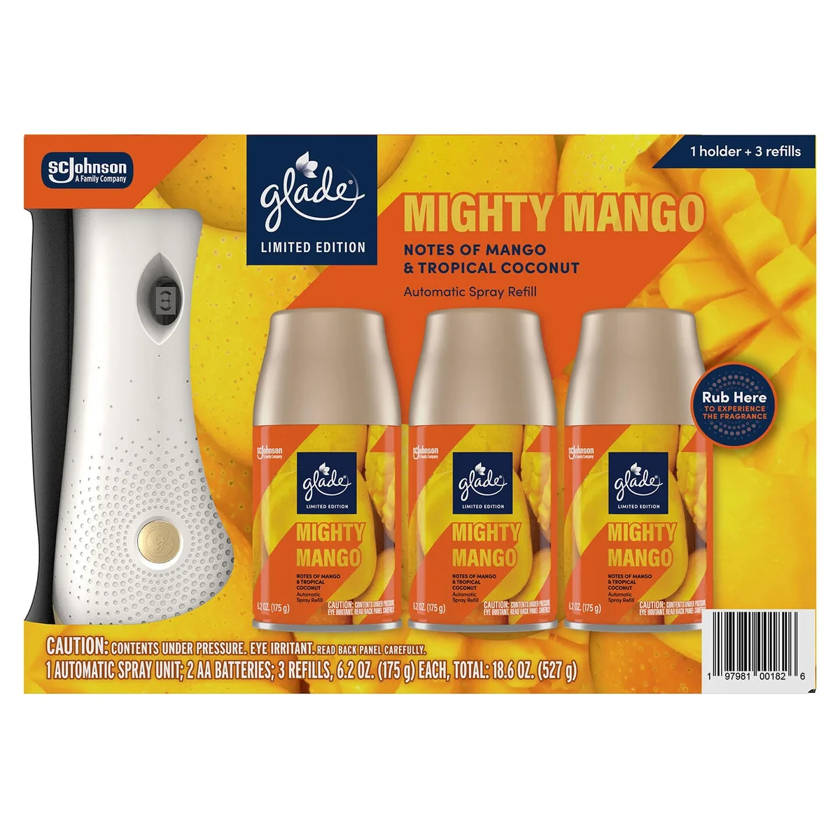 Glade Automatic Spray Air Freshener, Mighty Mango, 1 Device + 3 Refills, 18.6 oz